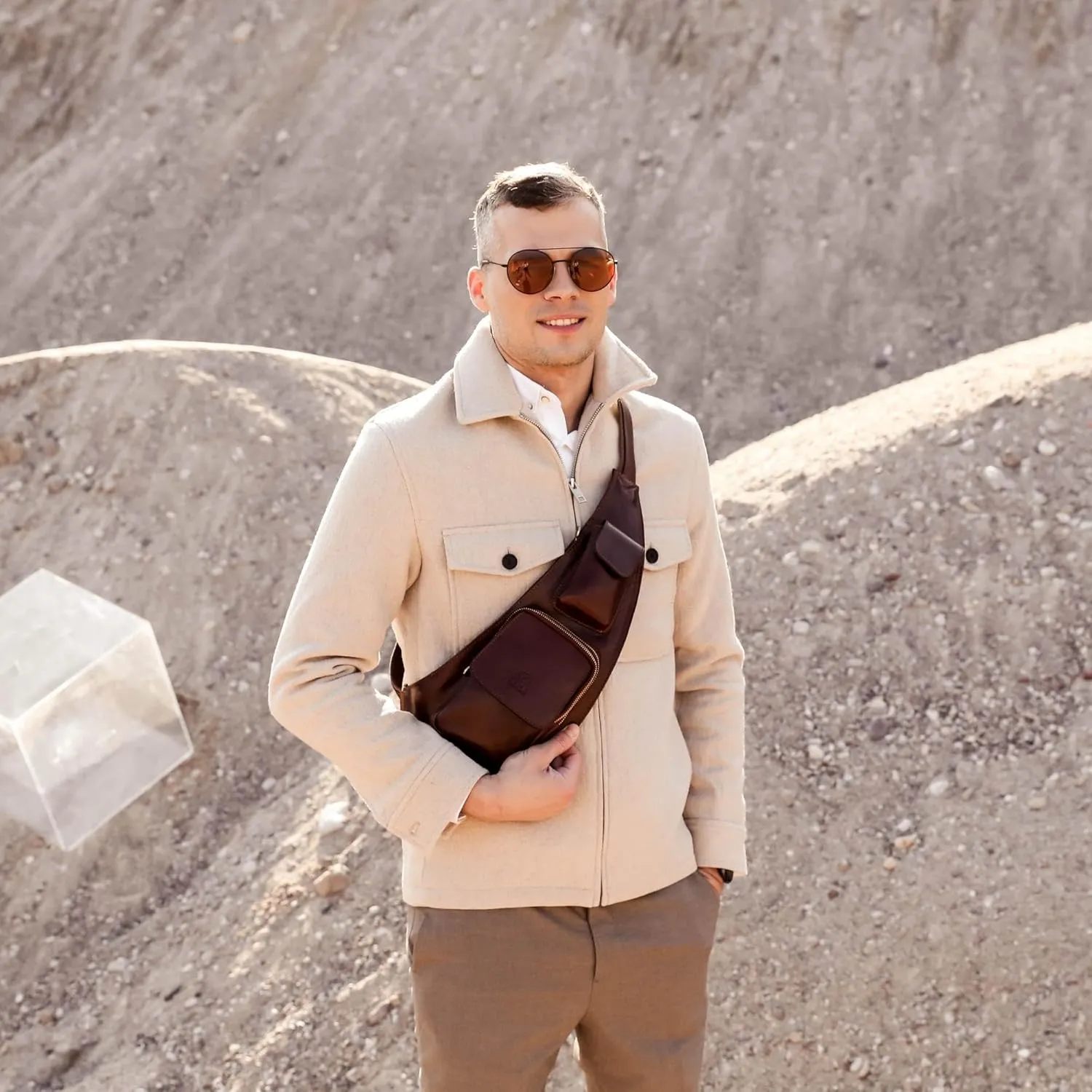 Time Resistance Leather Sling Bag - Crossbody Bag - Messenger Bag for Men and Women - Handmade Shoulder Bag Backpack