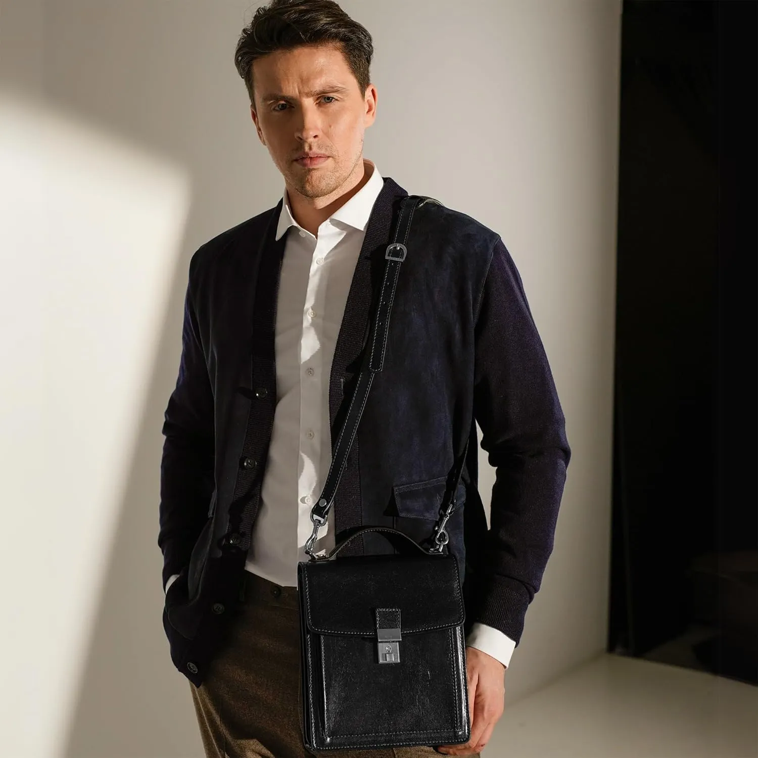 Time Resistance Small Leather Briefcase for Men - Crossbody Bag - Italian Leather Messenger Bag - Gift Box Included