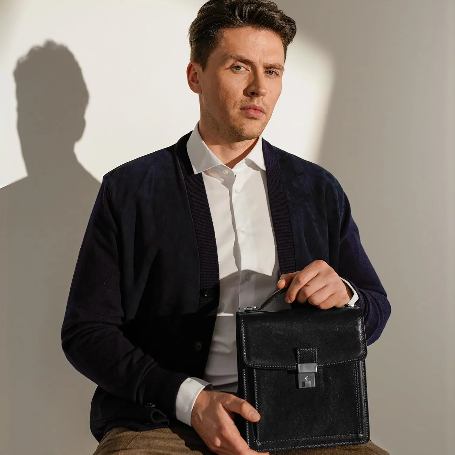 Time Resistance Small Leather Briefcase for Men - Crossbody Bag - Italian Leather Messenger Bag - Gift Box Included
