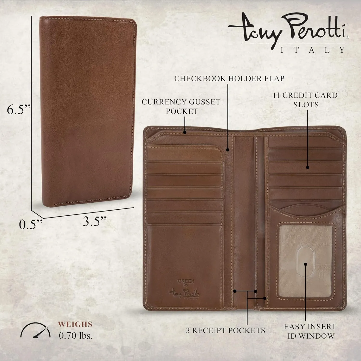 Tony Perotti Mens Long Bifold Checkbook Cover Wallet Multi Card Pocket Holder Italian Leather