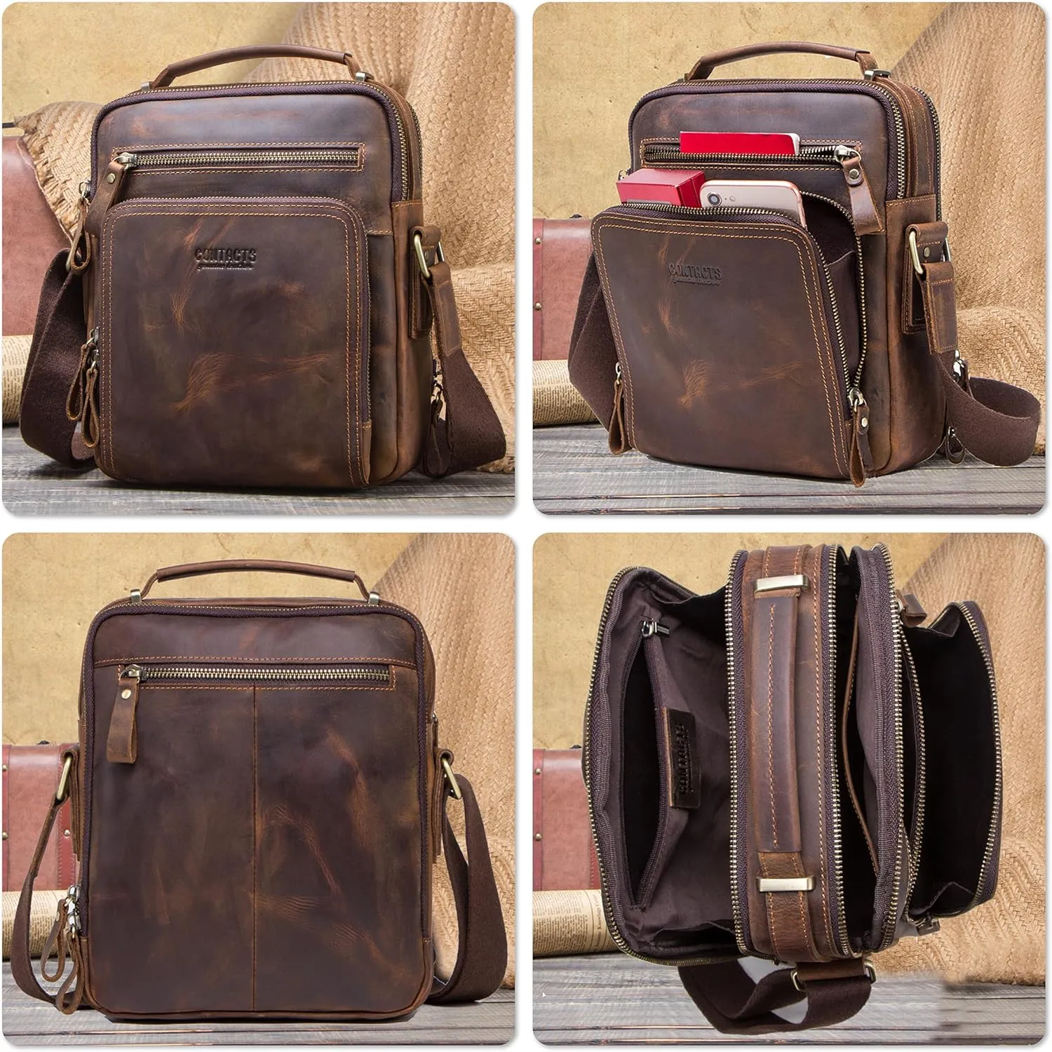 Top Grain Leather 11" Messenger Bag for Man & Woman, Multi Pockets, Fits to 8.3"/10.9" iPad for Daily/School/Business/Travel