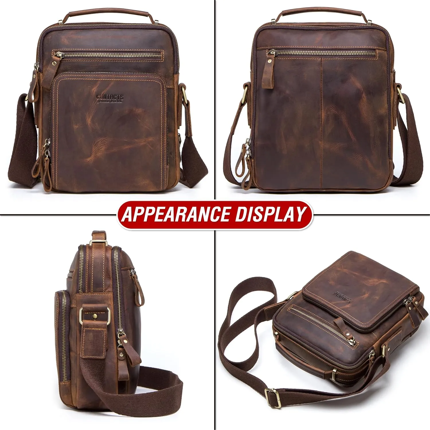 Top Grain Leather 11" Messenger Bag for Man & Woman, Multi Pockets, Fits to 8.3"/10.9" iPad for Daily/School/Business/Travel