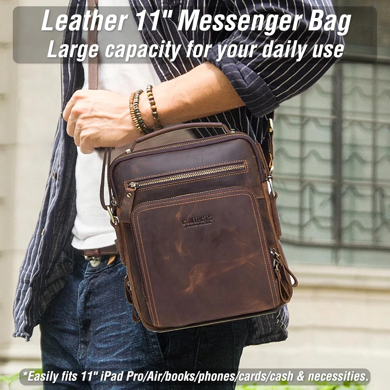 Top Grain Leather 11" Messenger Bag for Man & Woman, Multi Pockets, Fits to 8.3"/10.9" iPad for Daily/School/Business/Travel