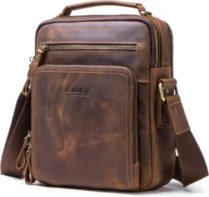 Top Grain Leather 11" Messenger Bag for Man & Woman, Multi Pockets, Fits to 8.3"/10.9" iPad for Daily/School/Business/Travel