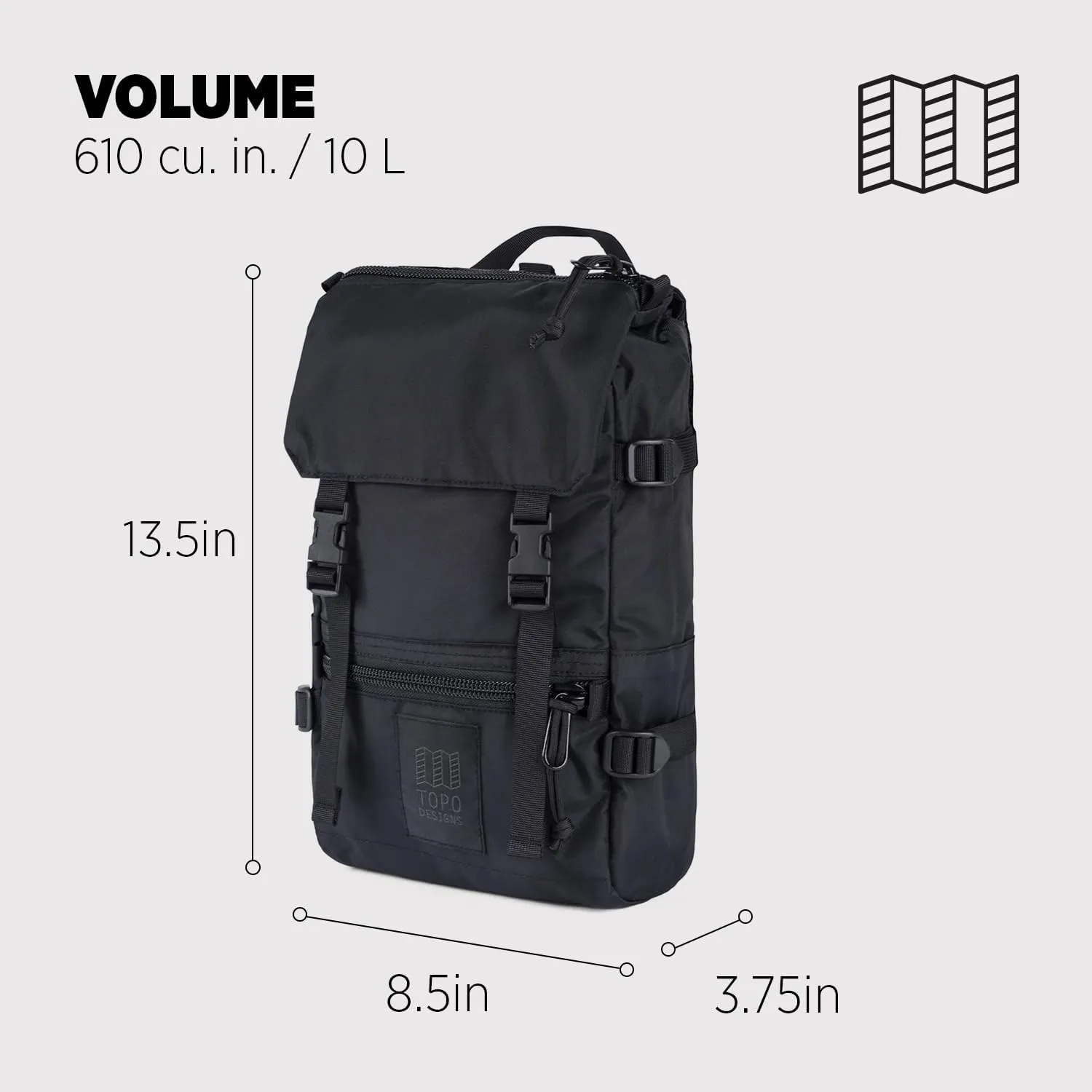 Topo Designs Rover Pack Mini - Small Sized Simple Daypack for EDC, Day Trips, Hikes, Iconic Denver Design, Recycled Nylon Construction (All Black)