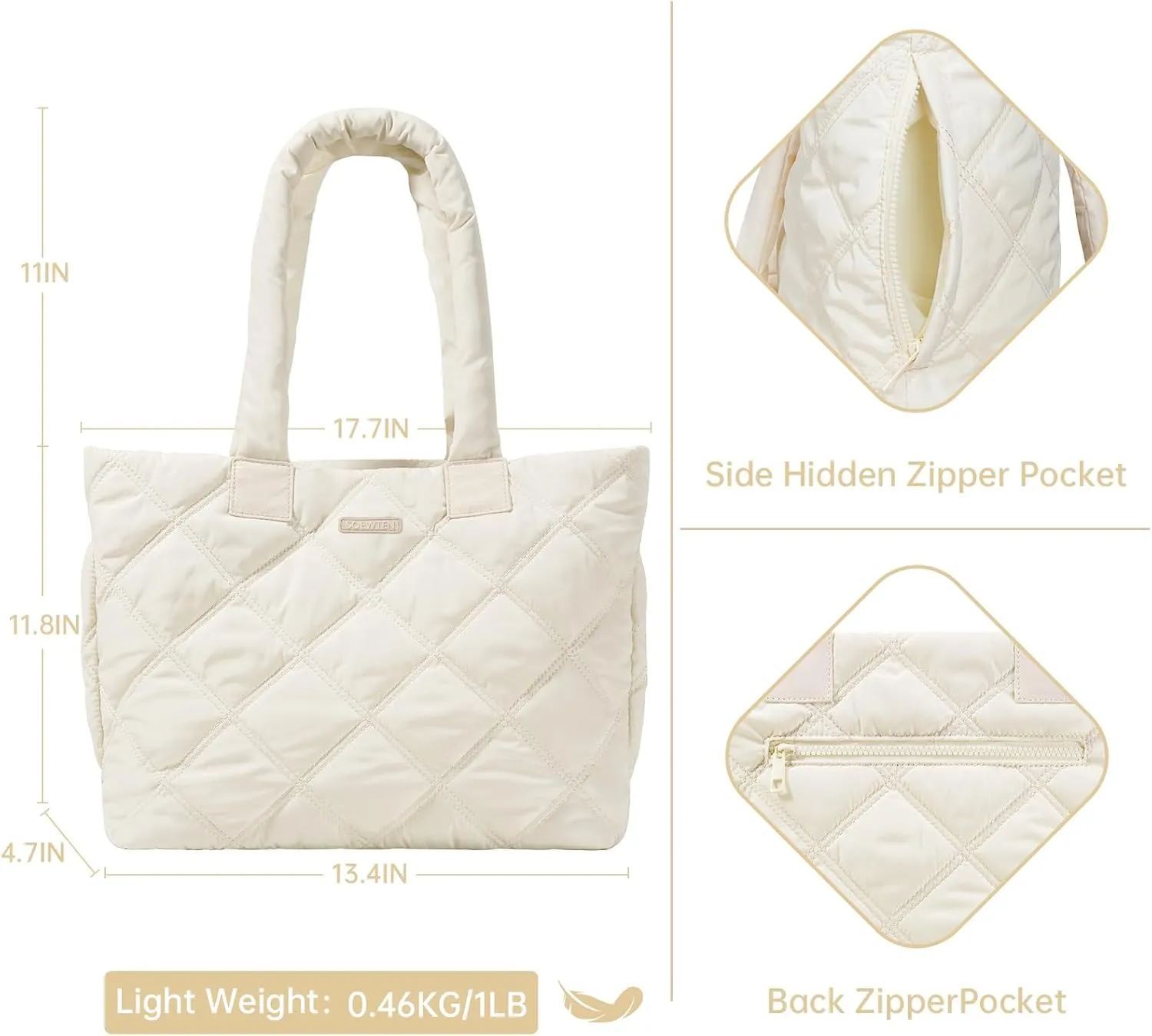 Tote Bag for Women, Puffer Bag with 15.6 Inch Compartment and Multi Pocket for Travel, Work, Gym