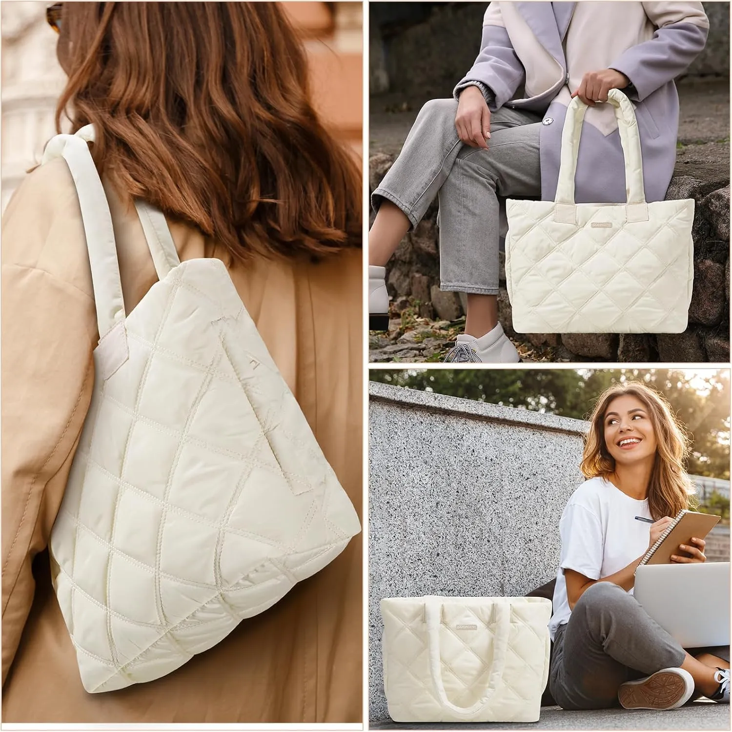 Tote Bag for Women, Puffer Bag with 15.6 Inch Compartment and Multi Pocket for Travel, Work, Gym