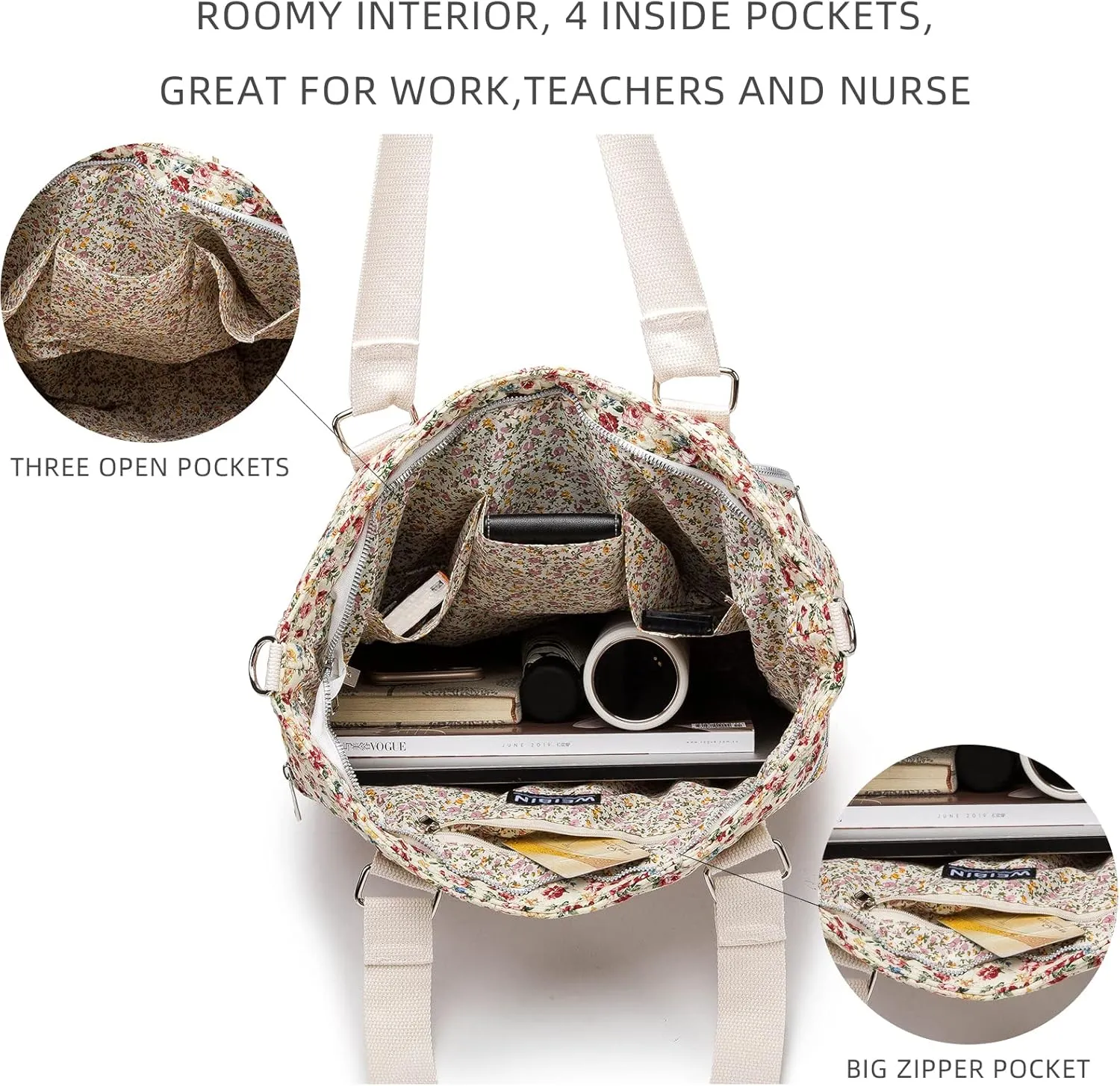 Tote Bag for Women,Large Zipper Multi Pockets Shoulder Handbag,Lady Crossbody Purse,Quilted Cotton Top Handle Satchel