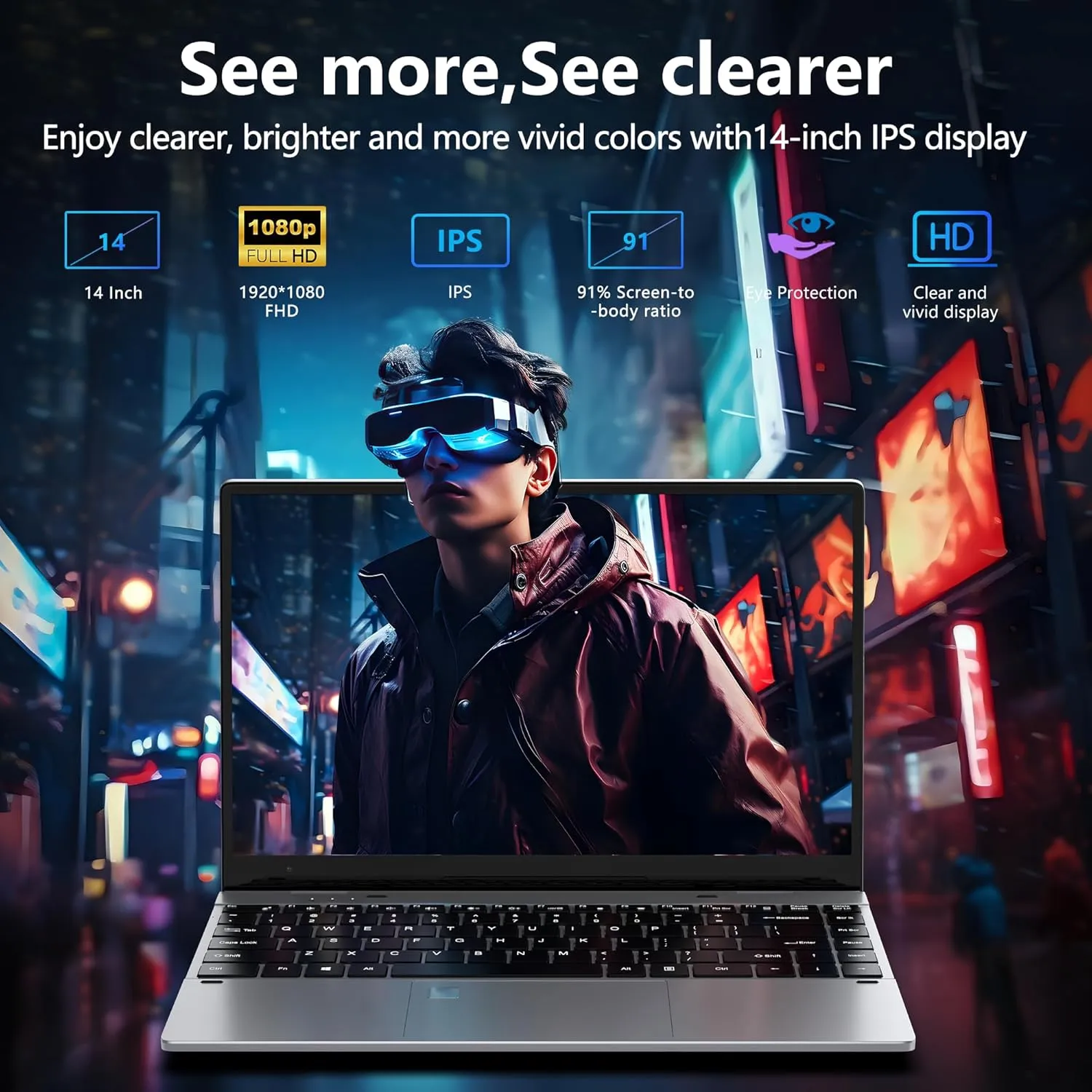 Touchscreen Laptop Computer, 14 Inch 2 in 1 Gaming Laptop, Intel N100, 16GB RAM 1TB SSD, 1920 x 1080, Fingerprint Unlock, Backlit Keyboard, Windows 11 Pro, Wi-Fi 6, BT5.2, Silver.