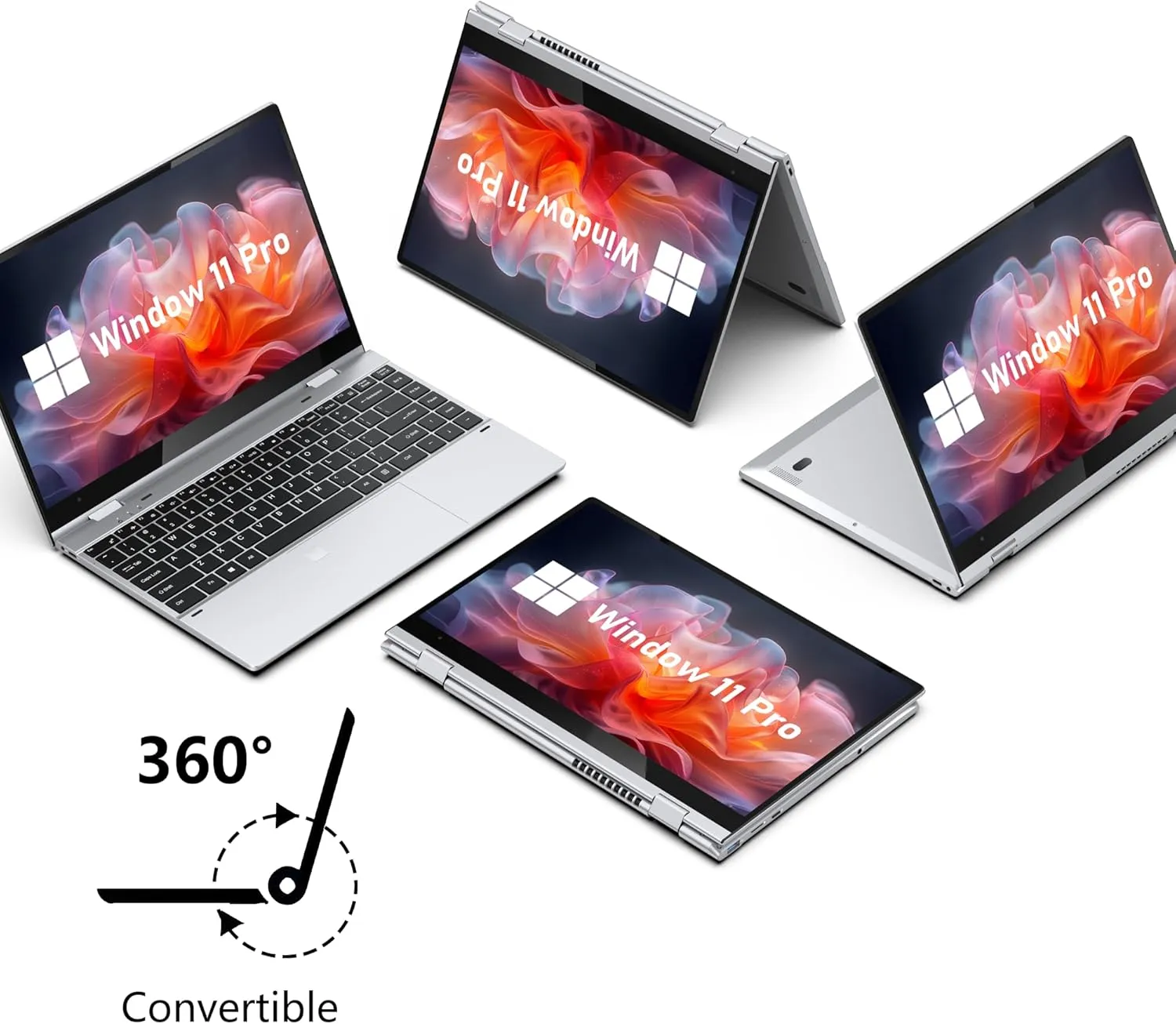 Touchscreen Laptop Computer, 14 Inch 2 in 1 Gaming Laptop, Intel N100, 16GB RAM 1TB SSD, 1920 x 1080, Fingerprint Unlock, Backlit Keyboard, Windows 11 Pro, Wi-Fi 6, BT5.2, Silver.