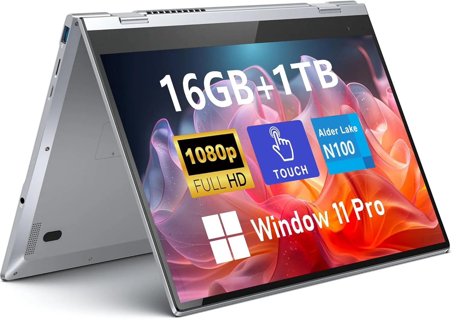 Touchscreen Laptop Computer, 14 Inch 2 in 1 Gaming Laptop, Intel N100, 16GB RAM 1TB SSD, 1920 x 1080, Fingerprint Unlock, Backlit Keyboard, Windows 11 Pro, Wi-Fi 6, BT5.2, Silver.