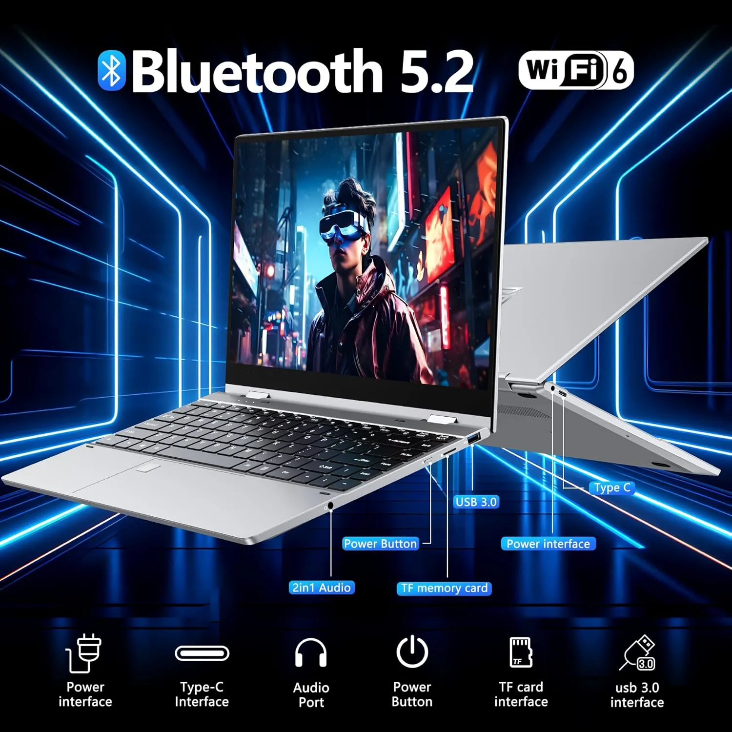 Touchscreen Laptop Computer, 14 Inch 2 in 1 Gaming Laptop, Intel N100, 16GB RAM 1TB SSD, 1920 x 1080, Fingerprint Unlock, Backlit Keyboard, Windows 11 Pro, Wi-Fi 6, BT5.2, Silver.