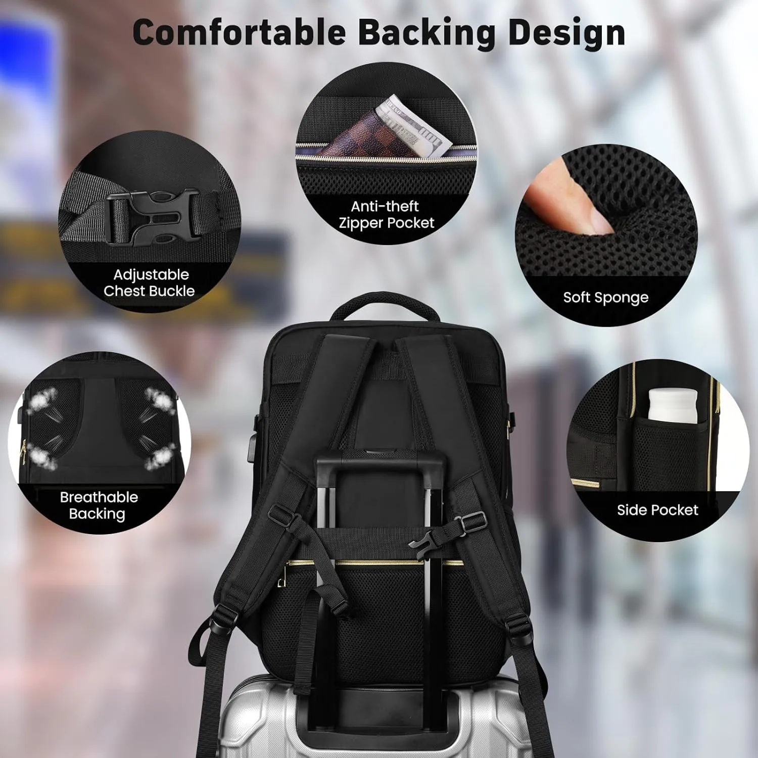 Travel Backpack for Women, Flight Approved Carry On Backpack, Large 40L Suitcase Backpacks Waterproof Luggage Bag Weekender Daypack Fit 17 Inch Laptop, Black