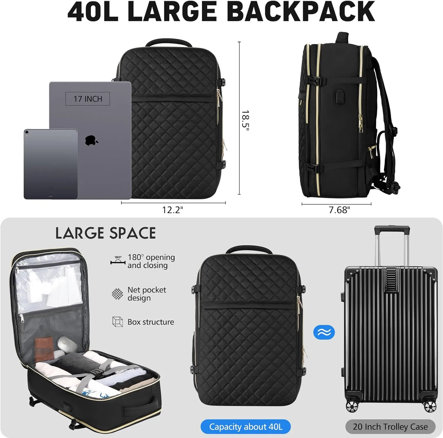 Travel Backpack for Women, Flight Approved Carry On Backpack, Large 40L Suitcase Backpacks Waterproof Luggage Bag Weekender Daypack Fit 17 Inch Laptop, Black
