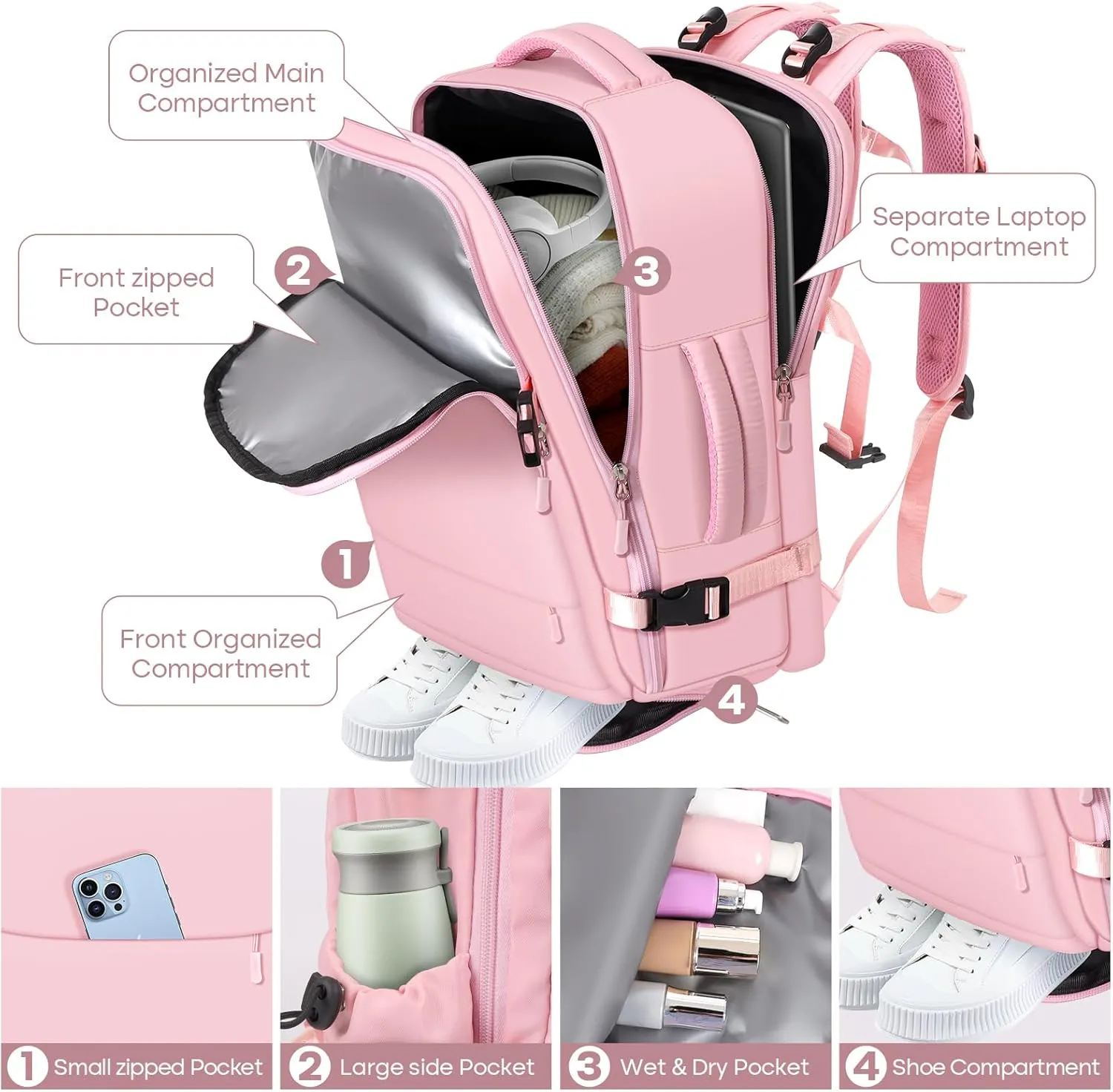 Travel Backpack Set for Women with [Toiletry Bags]&[Shoe Bags] - 15.6 Inch Women Laptop Backpack with USB Charging Port for Travel,Weekender,Business,Hiking - Pink