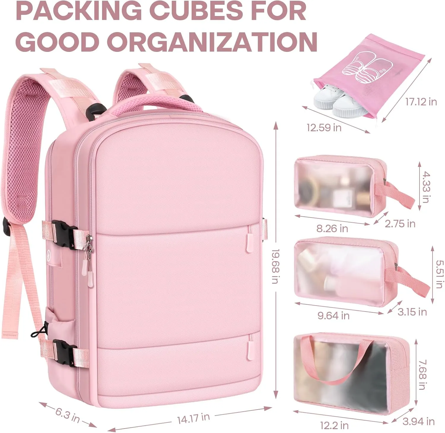 Travel Backpack Set for Women with [Toiletry Bags]&[Shoe Bags] - 15.6 Inch Women Laptop Backpack with USB Charging Port for Travel,Weekender,Business,Hiking - Pink
