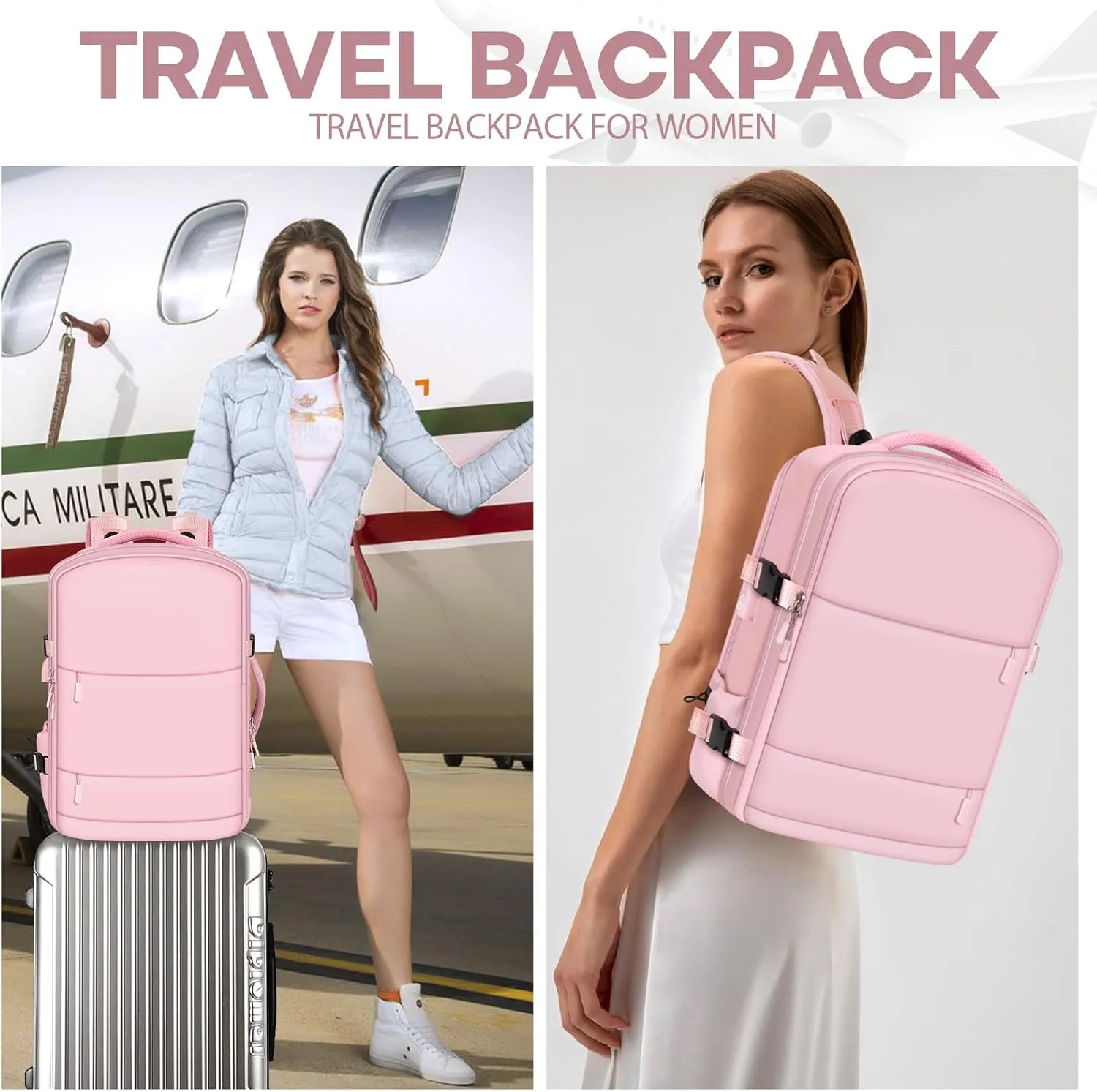 Travel Backpack Set for Women with [Toiletry Bags]&[Shoe Bags] - 15.6 Inch Women Laptop Backpack with USB Charging Port for Travel,Weekender,Business,Hiking - Pink