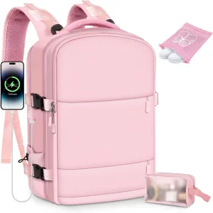 Travel Backpack Set for Women with [Toiletry Bags]&[Shoe Bags] - 15.6 Inch Women Laptop Backpack with USB Charging Port for Travel,Weekender,Business,Hiking - Pink