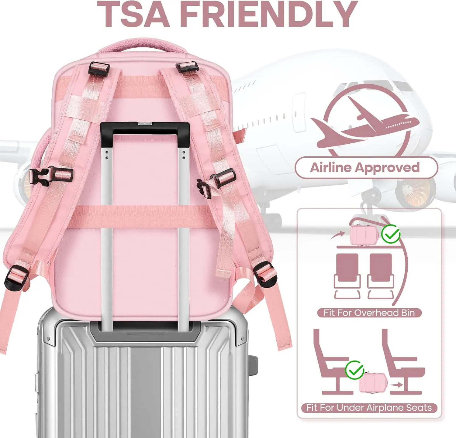 Travel Backpack Set for Women with [Toiletry Bags]&[Shoe Bags] - 15.6 Inch Women Laptop Backpack with USB Charging Port for Travel,Weekender,Business,Hiking - Pink