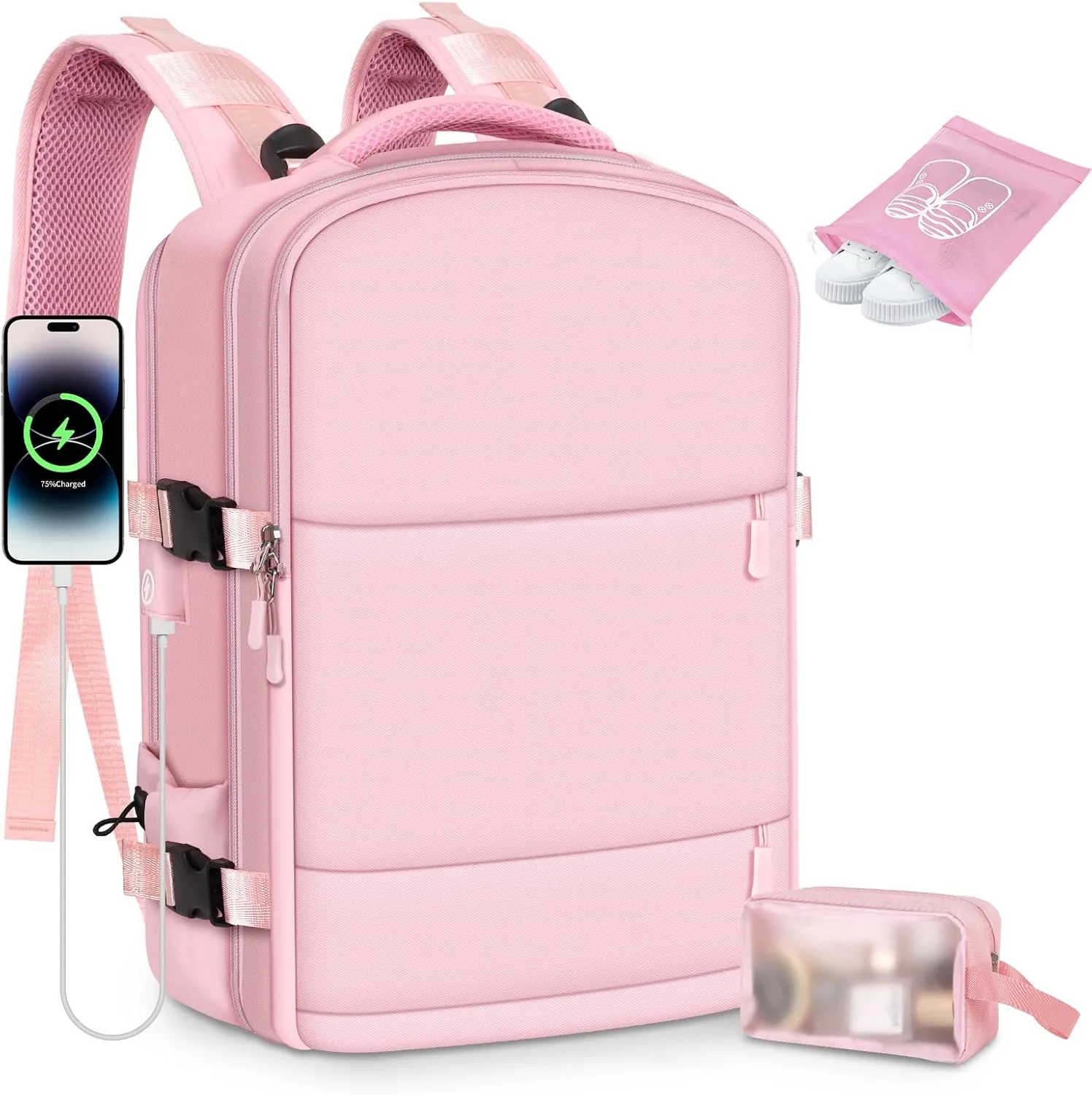Travel Backpack Set for Women with [Toiletry Bags]&[Shoe Bags] - 15.6 Inch Women Laptop Backpack with USB Charging Port for Travel,Weekender,Business,Hiking - Pink