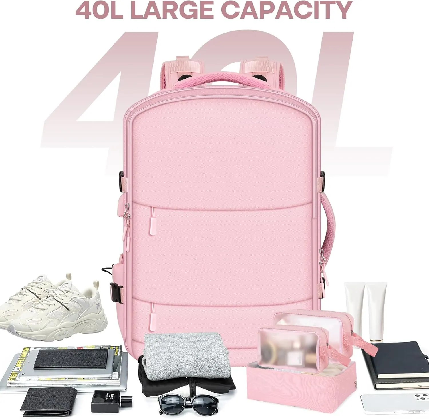 Travel Backpack Set for Women with [Toiletry Bags]&[Shoe Bags] - 15.6 Inch Women Laptop Backpack with USB Charging Port for Travel,Weekender,Business,Hiking - Pink