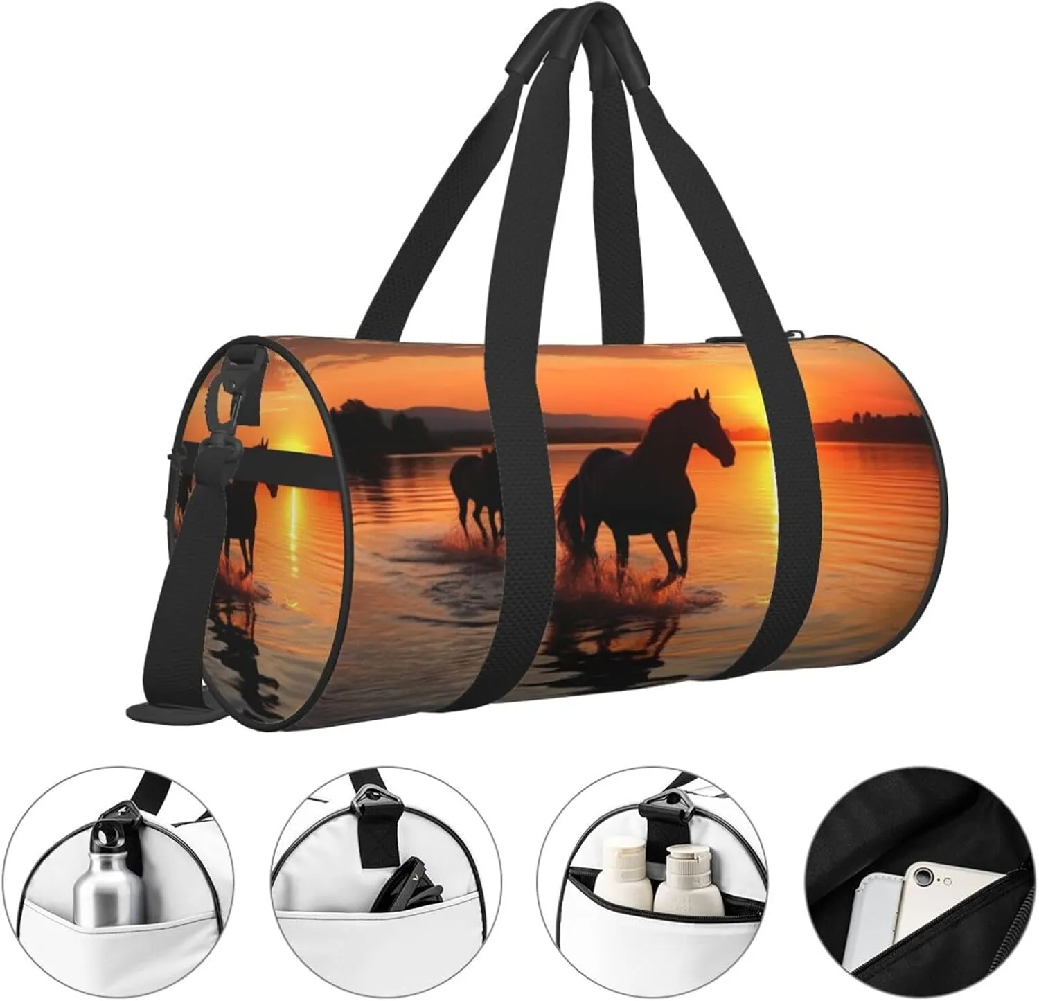 Travel Bag For Women,Sunsets Lake Horses Print Personal Item Duffle Bags,Weekend Travel Duffel Tote Bag,Travel Sport Gym Bag For Men,Airplane Travel Essentials For Flying