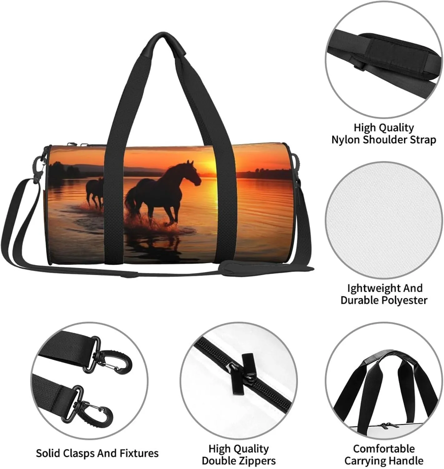 Travel Bag For Women,Sunsets Lake Horses Print Personal Item Duffle Bags,Weekend Travel Duffel Tote Bag,Travel Sport Gym Bag For Men,Airplane Travel Essentials For Flying