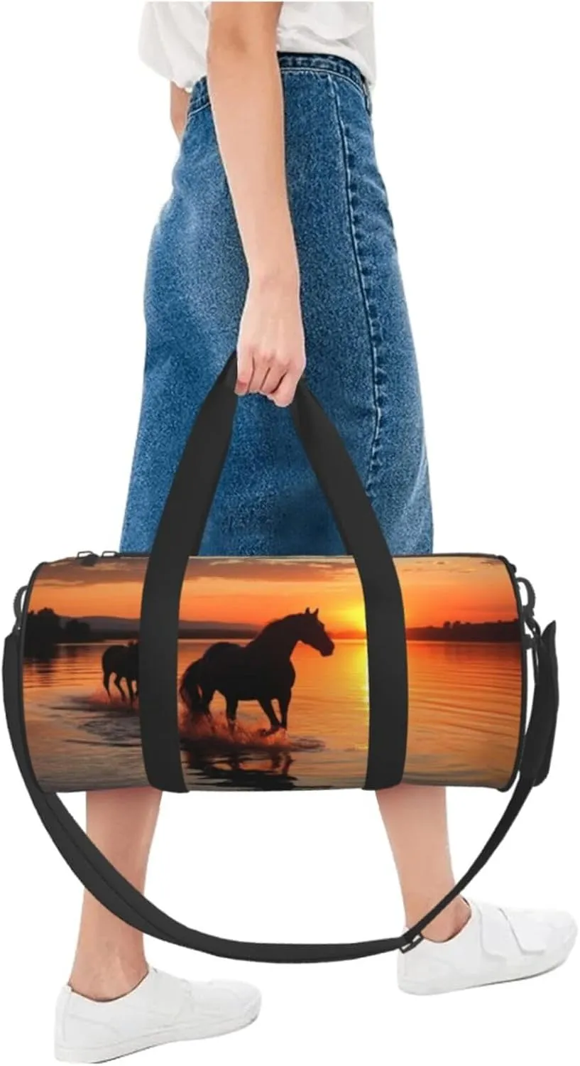 Travel Bag For Women,Sunsets Lake Horses Print Personal Item Duffle Bags,Weekend Travel Duffel Tote Bag,Travel Sport Gym Bag For Men,Airplane Travel Essentials For Flying