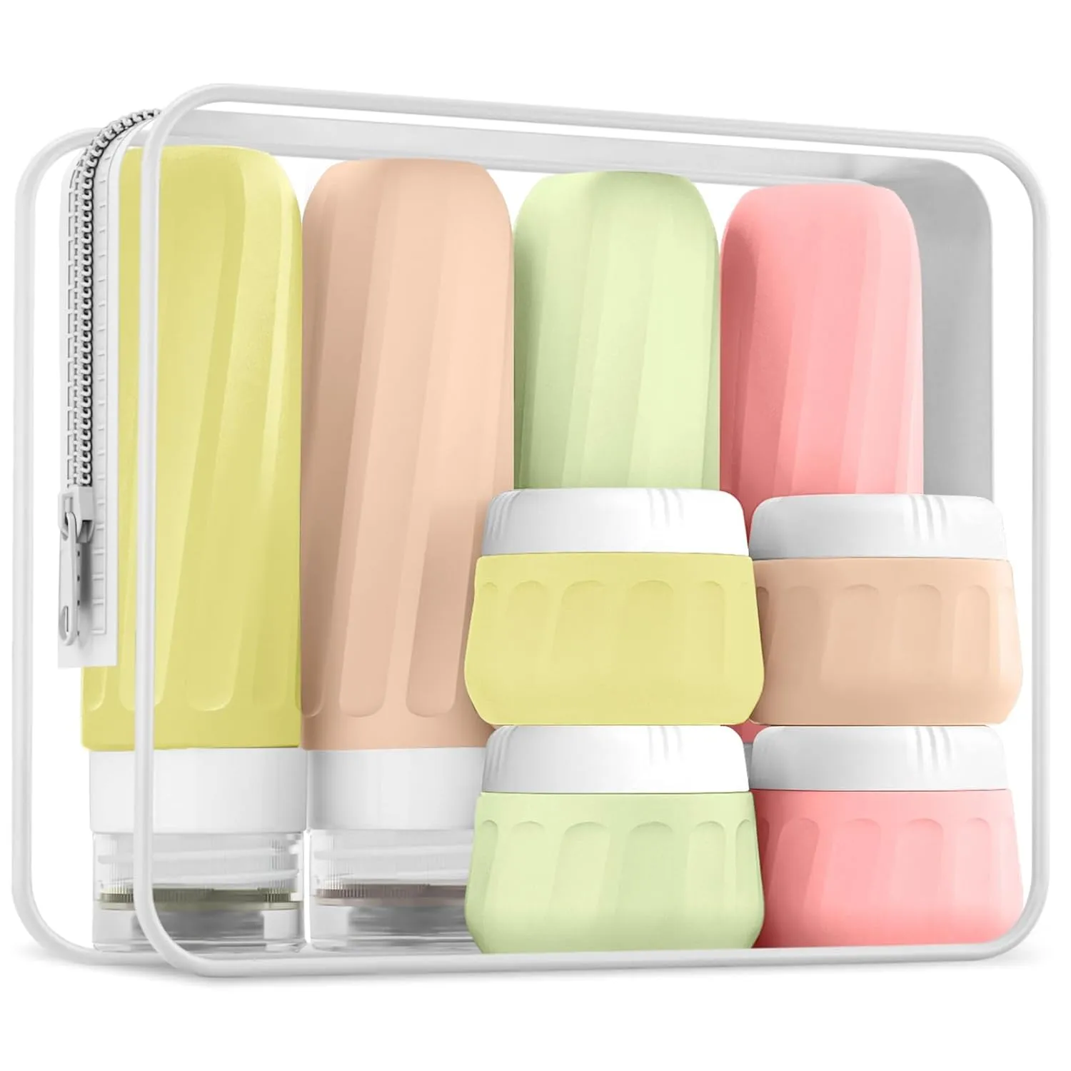 Travel Bottles for Toiletries 8 Pack, Travel Size Toiletries, Tsa Approved Travel Size Containers 3oz, with Travel Essentials Clear Bag, Leak Proof Silicone Squeezable Creams Jars