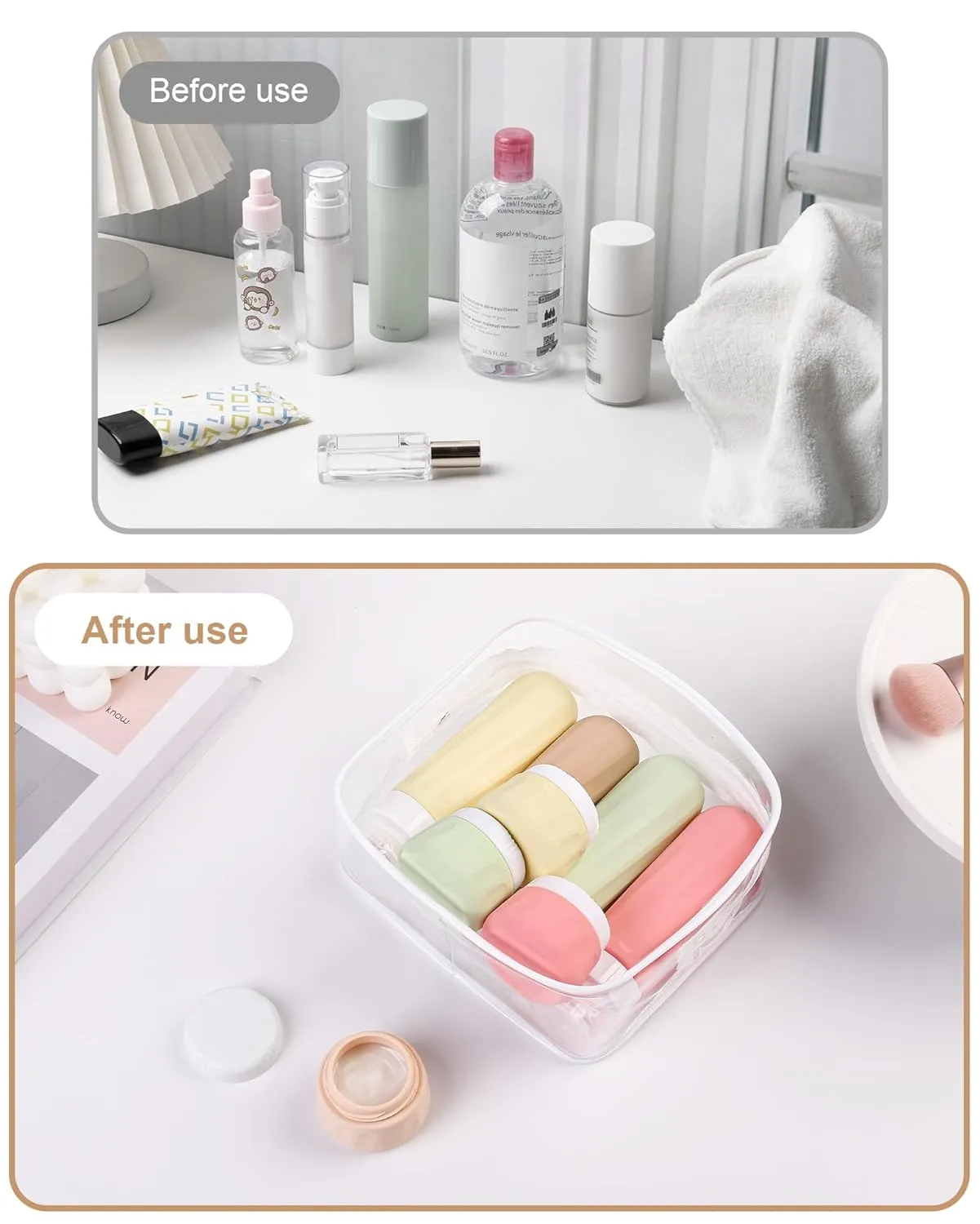 Travel Bottles for Toiletries 8 Pack, Travel Size Toiletries, Tsa Approved Travel Size Containers 3oz, with Travel Essentials Clear Bag, Leak Proof Silicone Squeezable Creams Jars
