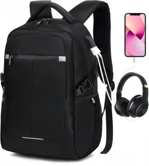 Travel Business Water Resistant Laptop Backpack, With External Usb Charging and Earphone Port School Bookbag, Can Accommodate 15.6-inch for Women and Men Laptops Black