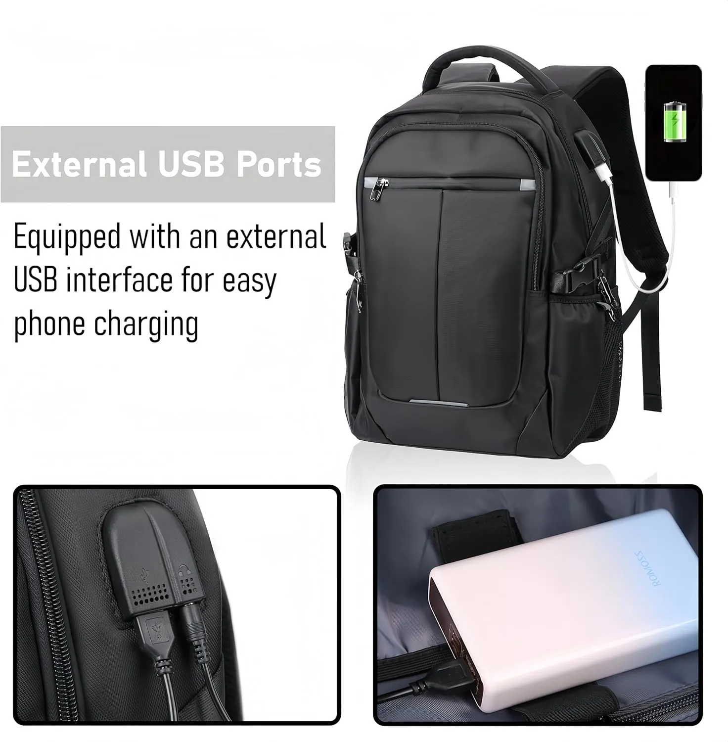 Travel Business Water Resistant Laptop Backpack, With External Usb Charging and Earphone Port School Bookbag, Can Accommodate 15.6-inch for Women and Men Laptops Black