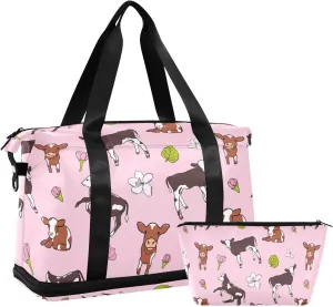 Travel Duffel Bag for Women Men Calf Cow Weekender Overnight Bags with Shoe Compartments Cute Gym Duffel Bag with Toiletry Bag for Travel Sport Yoga 17 Inch