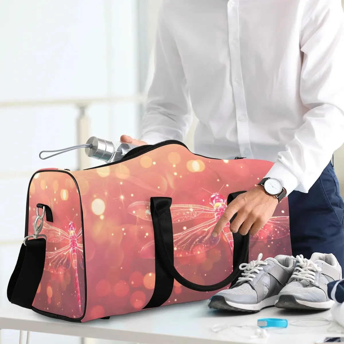 Travel Duffel Bag, Glitter Dragonfly Beauty Sports Tote Gym Bag Foldable Western Aztec Weekender Bag Carry on Luggage Handle Bag Overnight Shoulder Bag for Women Men,A-151