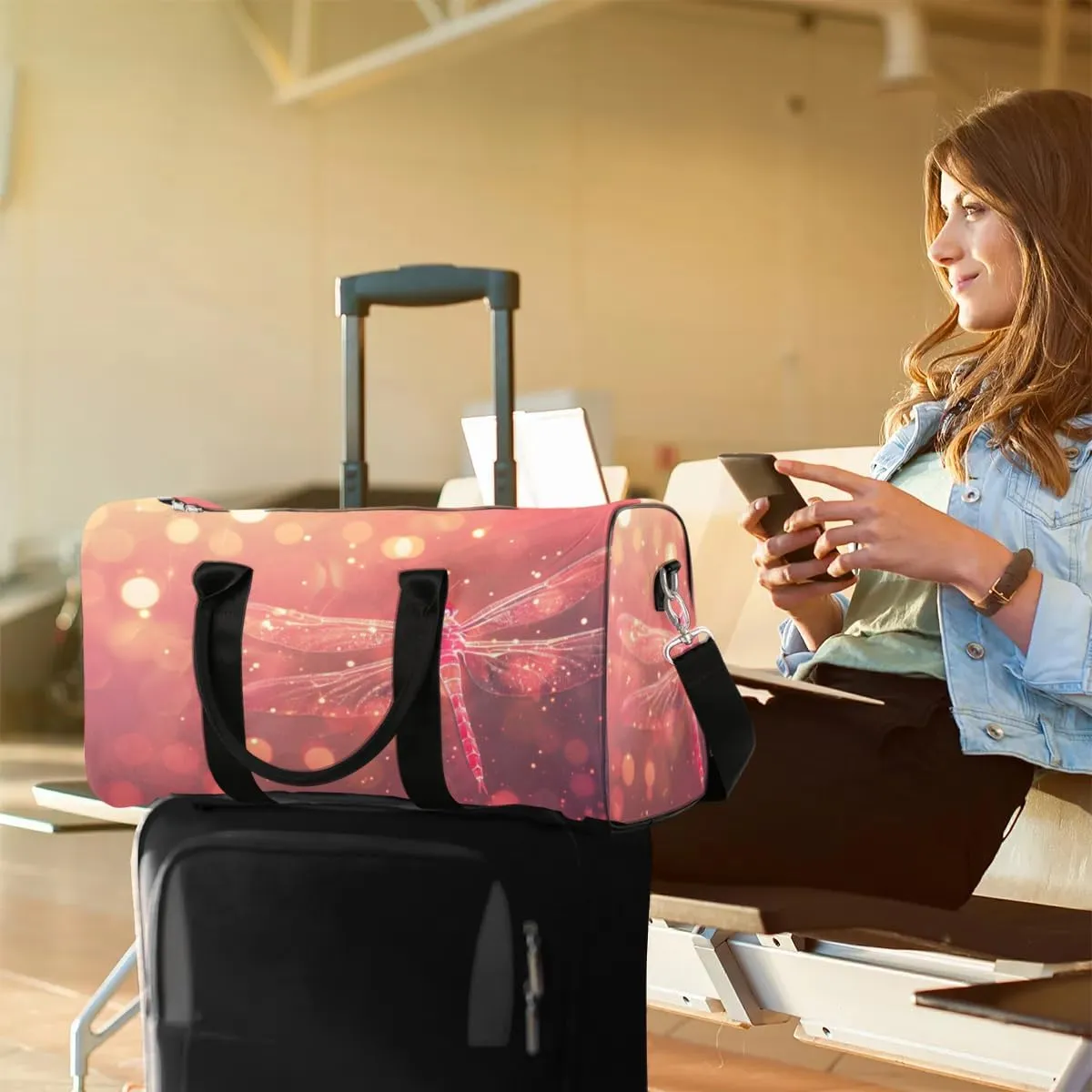 Travel Duffel Bag, Glitter Dragonfly Beauty Sports Tote Gym Bag Foldable Western Aztec Weekender Bag Carry on Luggage Handle Bag Overnight Shoulder Bag for Women Men,A-151