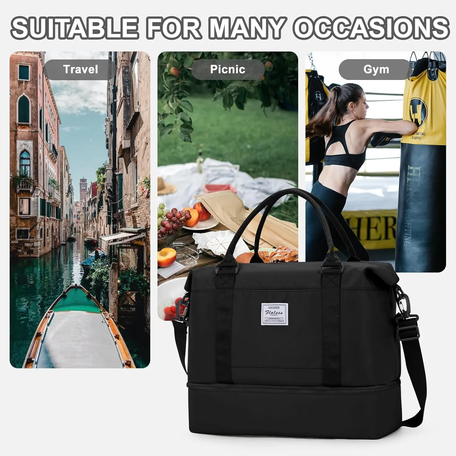 Travel Duffel Bag, Sports Tote Gym Bag, Shoulder Weekender Overnight Bag for Women