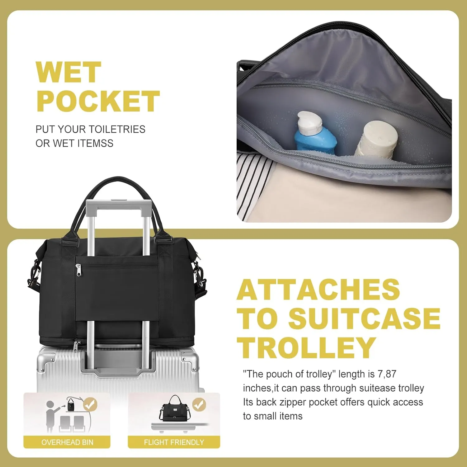 Travel Duffel Bag, Sports Tote Gym Bag, Shoulder Weekender Overnight Bag for Women