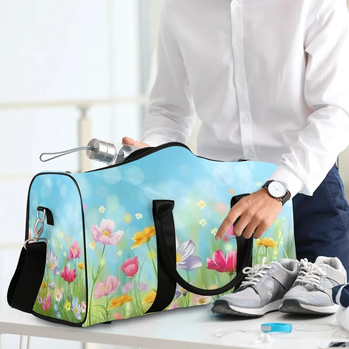 Travel Duffel Bag, Spring Flower Floral Sports Tote Gym Bag Foldable Western Aztec Weekender Bag Carry on Luggage Handle Bag Overnight Shoulder Bag for Women Men,A-327