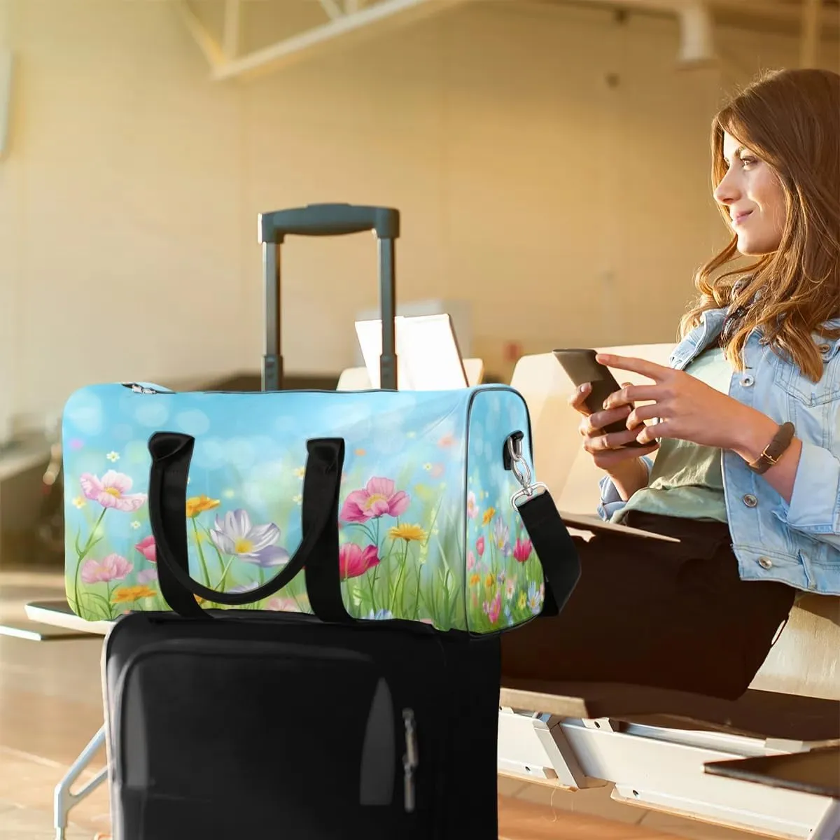 Travel Duffel Bag, Spring Flower Floral Sports Tote Gym Bag Foldable Western Aztec Weekender Bag Carry on Luggage Handle Bag Overnight Shoulder Bag for Women Men,A-327
