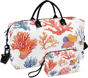 Travel Duffel Bags Cute Coral White Shoulder Weekender Overnight Bag Gym Sports Duffel Bags with Toiletry Bag for Gym Foldable