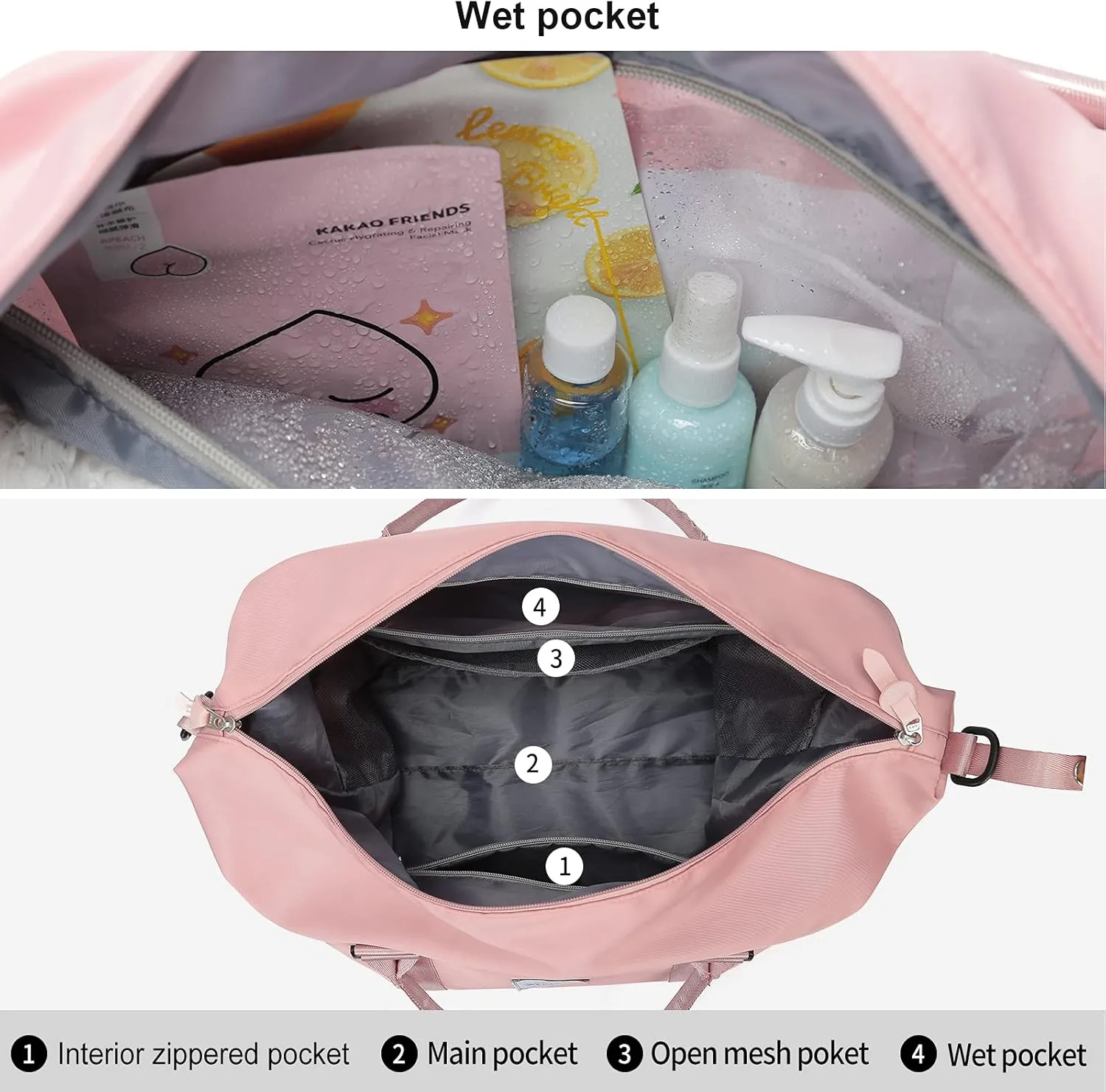 Travel Duffel Bags for Women,Weekender Overnight Bag with Wet Pocket & Toiletry Bag,Carry On Personal Item Bag,Travel Tote Gym Bag, Pink, Large