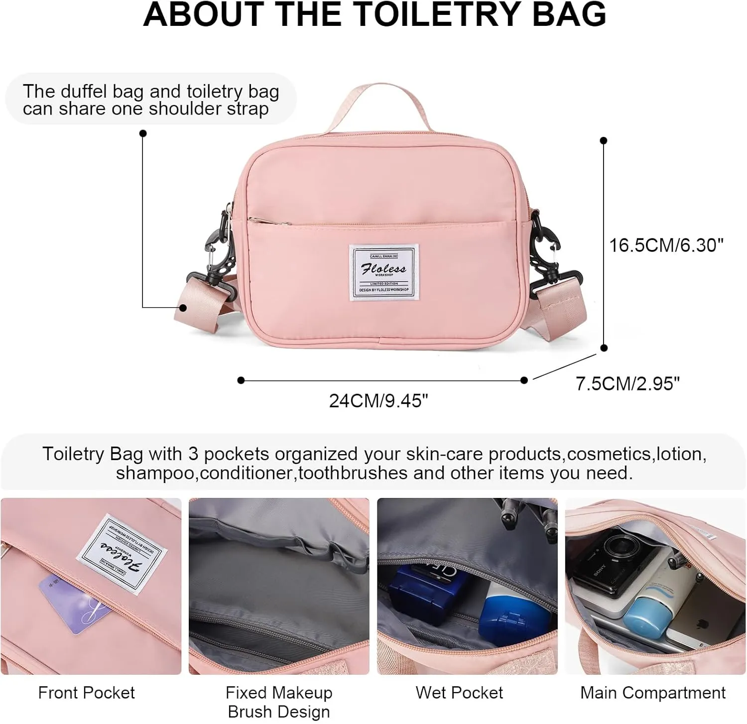 Travel Duffel Bags for Women,Weekender Overnight Bag with Wet Pocket & Toiletry Bag,Carry On Personal Item Bag,Travel Tote Gym Bag, Pink, Large