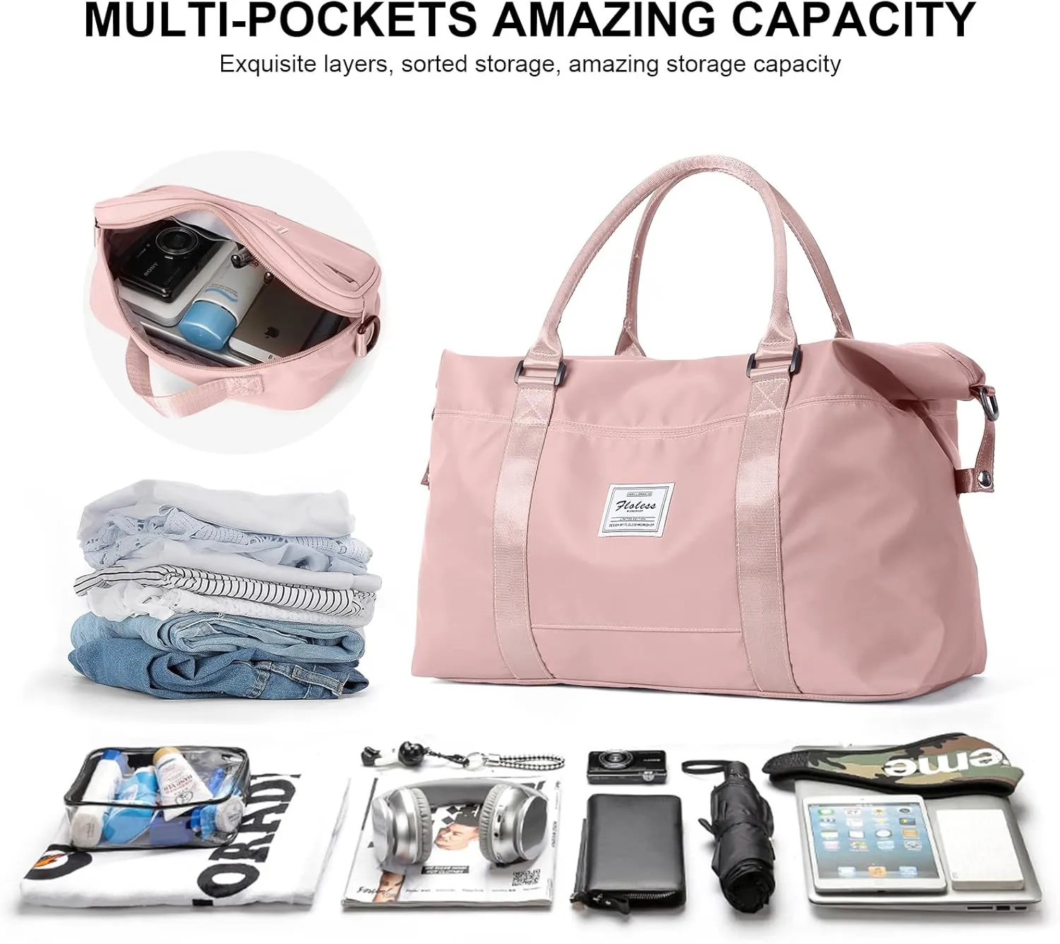 Travel Duffel Bags for Women,Weekender Overnight Bag with Wet Pocket & Toiletry Bag,Carry On Personal Item Bag,Travel Tote Gym Bag, Pink, Large