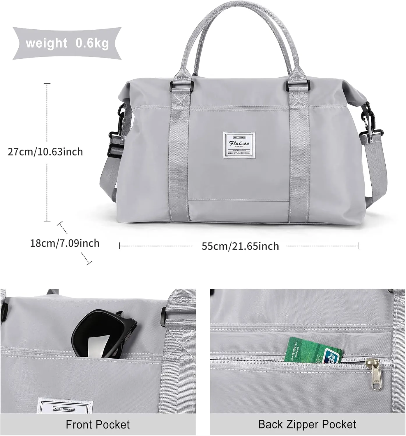 Travel Duffel Bags for Women,Weekender Overnight Bag with Wet Pocket,Carry On Personal Item Bag,Grey,