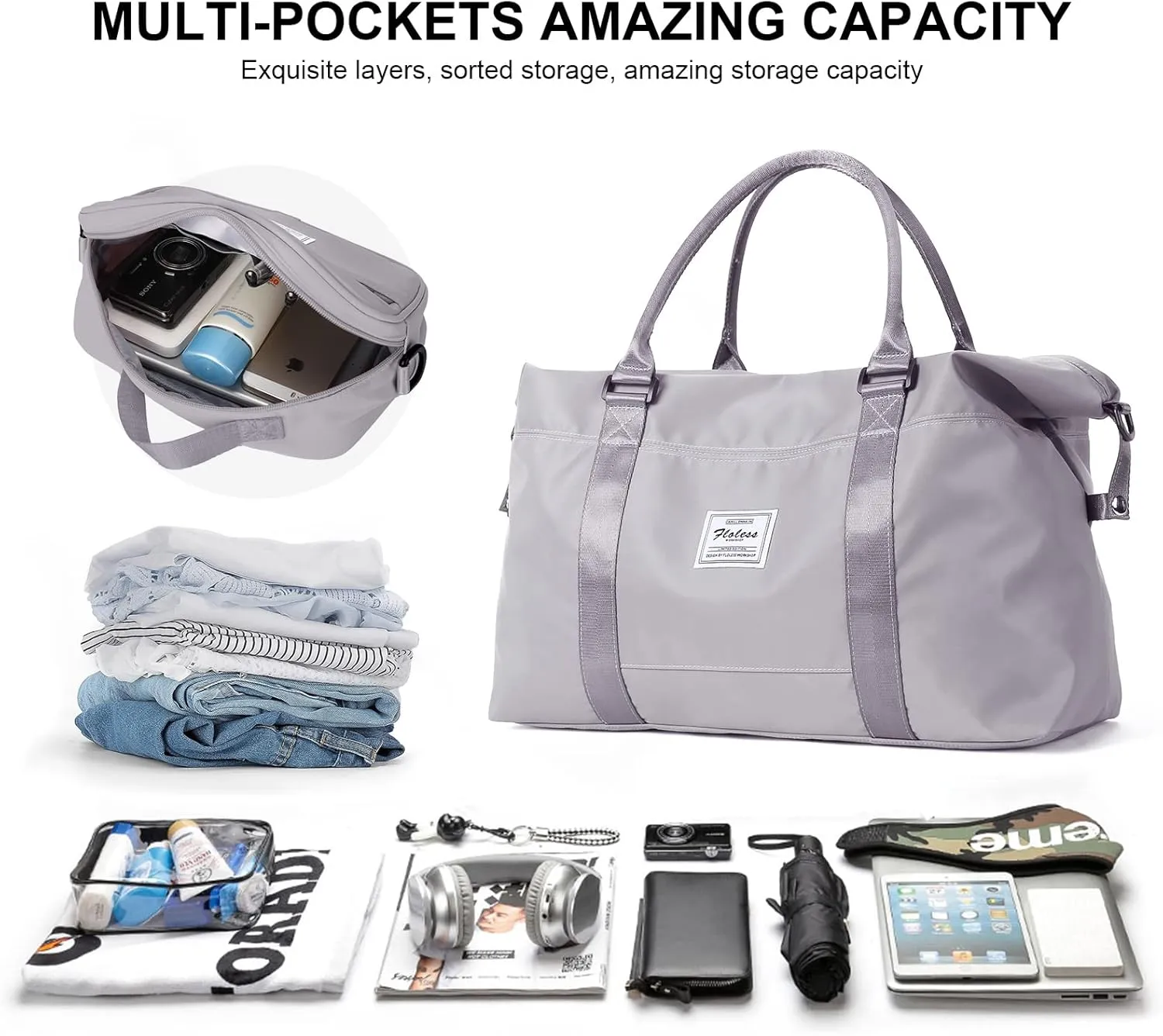 Travel Duffel Bags for Women,Weekender Overnight Bag with Wet Pocket,Carry On Personal Item Bag,Grey,