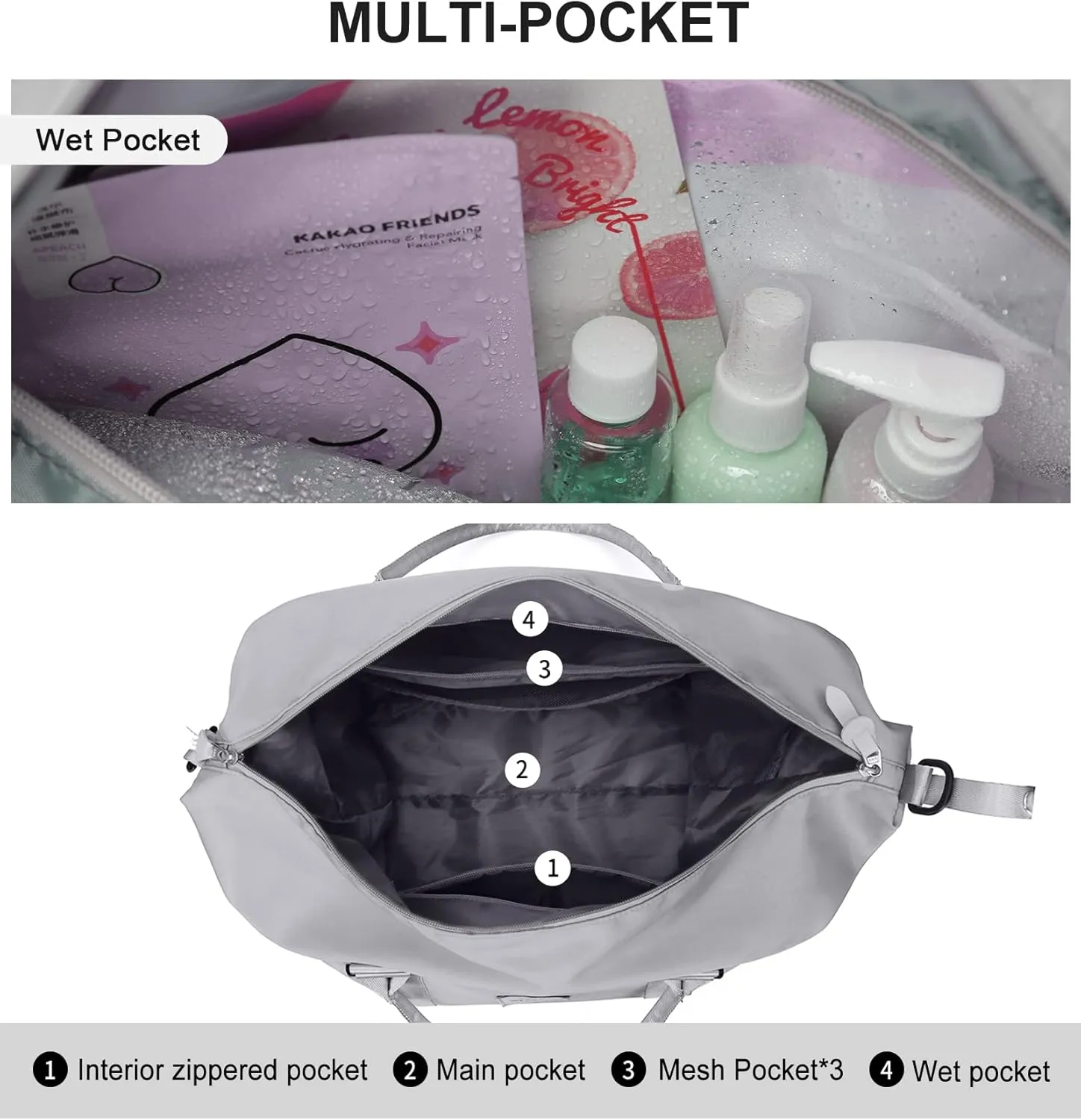 Travel Duffel Bags for Women,Weekender Overnight Bag with Wet Pocket,Carry On Personal Item Bag,Grey,