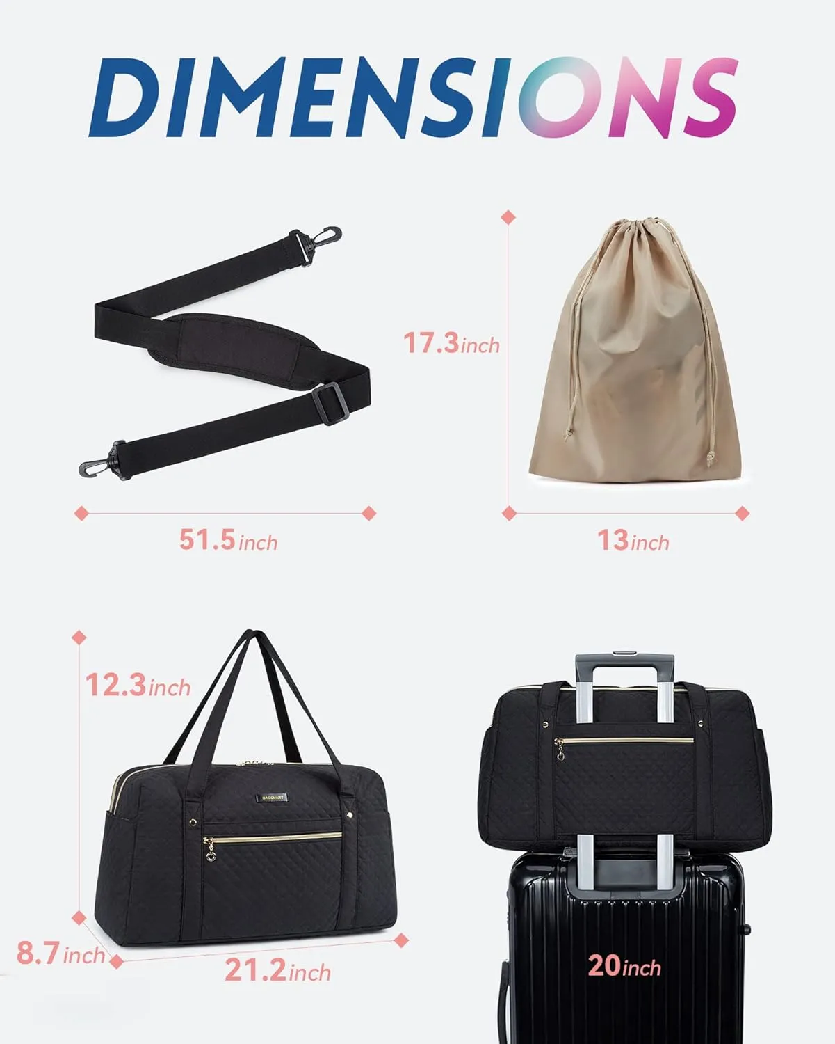 Travel Duffle Bag, BAGSMART 37L Weekender Overnight Bag with Wet Pocket for Women, Large Carry On Bag with Laptop Compartment and Shoes Bag for Travel, Business Trips, Sports(Black)