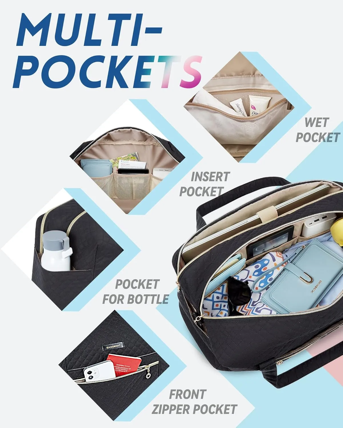 Travel Duffle Bag, BAGSMART 37L Weekender Overnight Bag with Wet Pocket for Women, Large Carry On Bag with Laptop Compartment and Shoes Bag for Travel, Business Trips, Sports(Black)