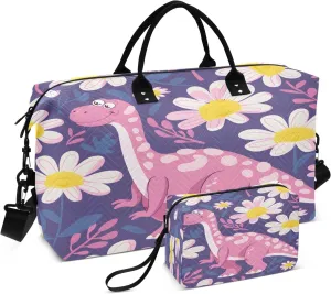 Travel Duffle Bag, Beautiful Daisy Petals Cartoon Dinosaur Gym Bag with Storage Bag Weekender Overnight Bag for Men Women Trip Sports Yoga