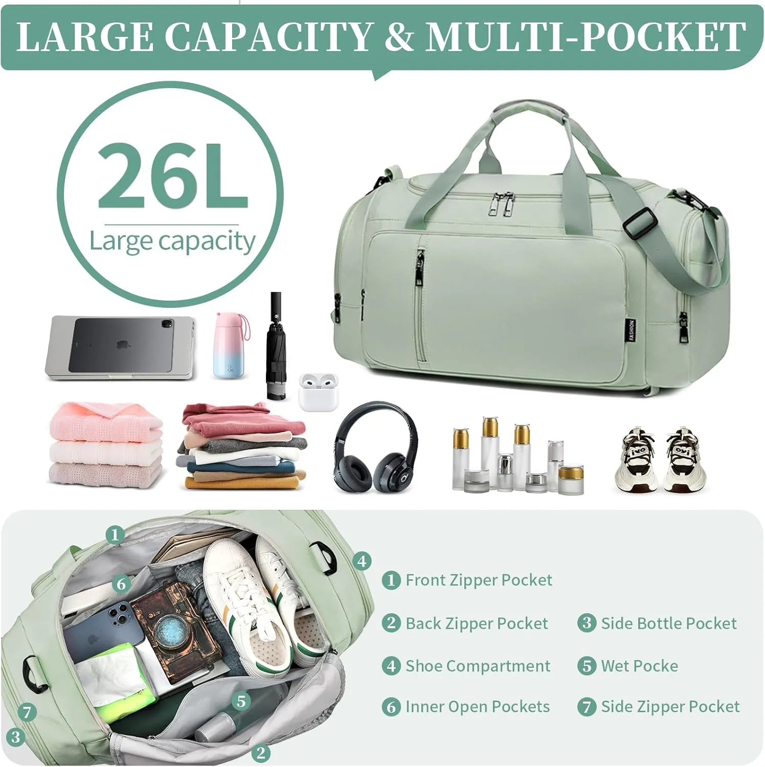 Travel Duffle Bag for Women,Gym Bag with Shoe Compartment,Weekend overnight bag with wet pocket,Waterproof carry on Travel Bag(Green)